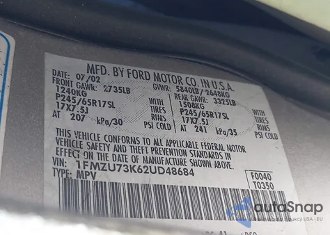 2002 Ford Explorer Xlt from USA, damaged, VIN 1FMZU73K62UD48684